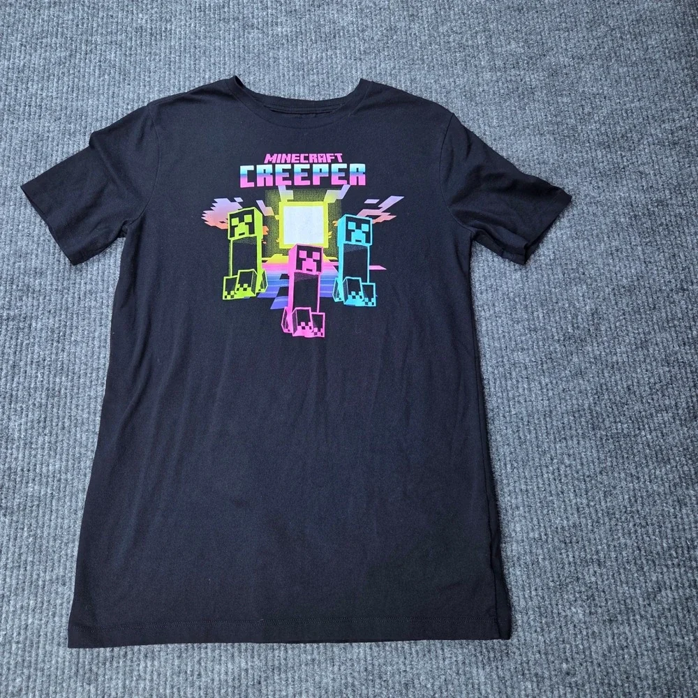 Old Navy Minecraft Creeper Shirt Boys XXL Black Neon Graphic Tee Gamer Style